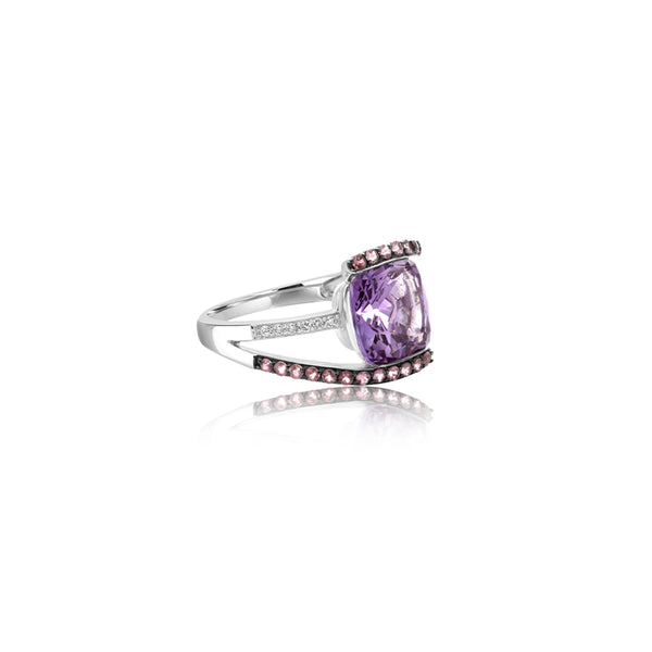 14K White Gold Amethyst Cushion Accent Ring
