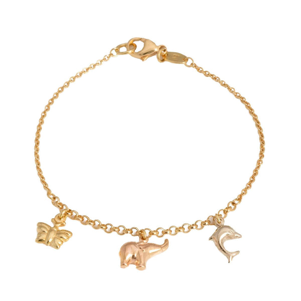 18k Tri-color Butterfly Elephant Dolphin Bracelet