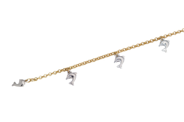 18k T-tone White Dolphin Drop Bracelet Italy