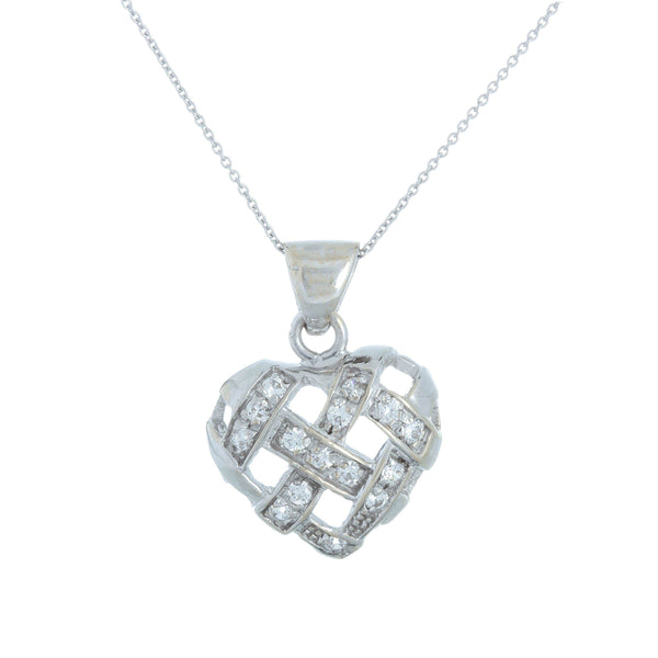18k White Gold Basket Weave Cubic Heart Necklace