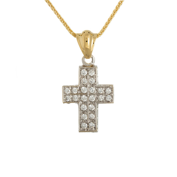18k T-tone Cubic Cross Pendant & Chain Italian Necklace