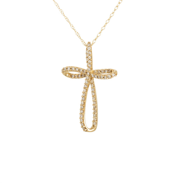 14k Yellow Gold (0.10 Ct Tw.) Swirl Diamond Cross Necklace