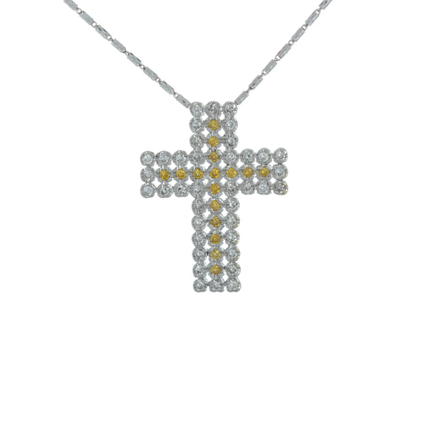 18k White Gold Triple Row Cross Diamond Yellow Necklace