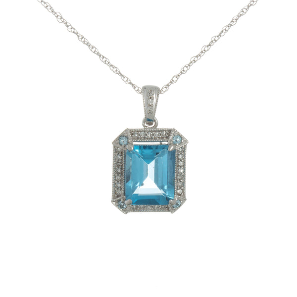 14k White Gold Blue Zircon Emerald Shape Necklace