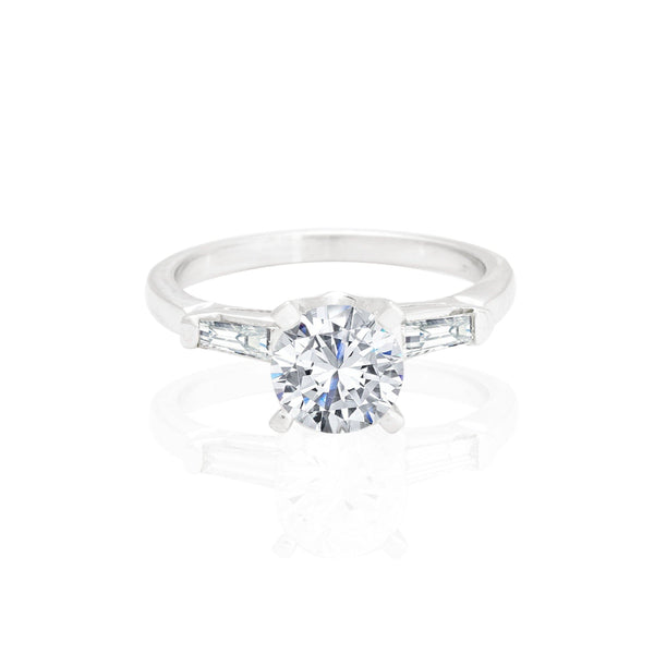 14k White Gold Baguette Accent Round Center Engagement Ring