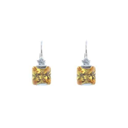 18k White Gold Yellow Cubic Lever Amber Earrings