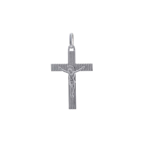 18k White Gold Cross Lined Style Jesus Pendant